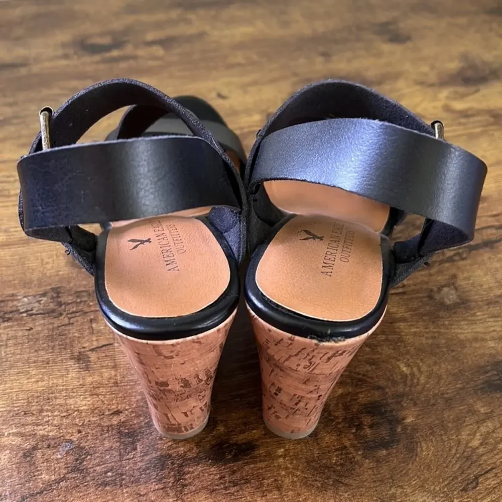 American Eagle Black Thick Strappy Cork Open Toe Platforms